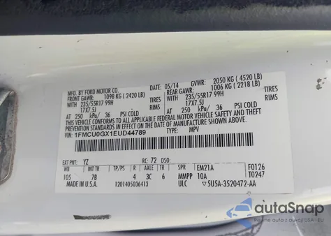 2014 Ford Escape Se z USA, uszkodzony, nr VIN 1FMCU0GX1EUD44789